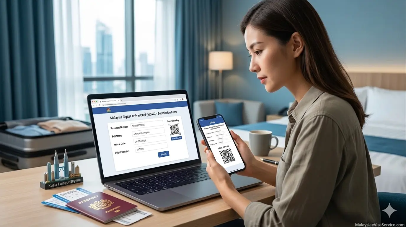 Traveler completing Malaysia Digital Arrival Card online before travel
